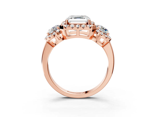 Rose Gold Asscher Cut Three Stone Halo Engagement Ring Setting