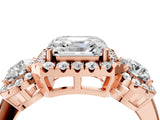 Rose gold Asscher Cut Diamond Three-Stone Halo Ring with Prong Setting and Pavé Accents_13