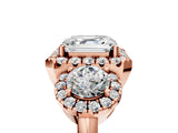 Rose gold Asscher Cut Diamond Three-Stone Halo Ring with Prong Setting and Pavé Accents_14