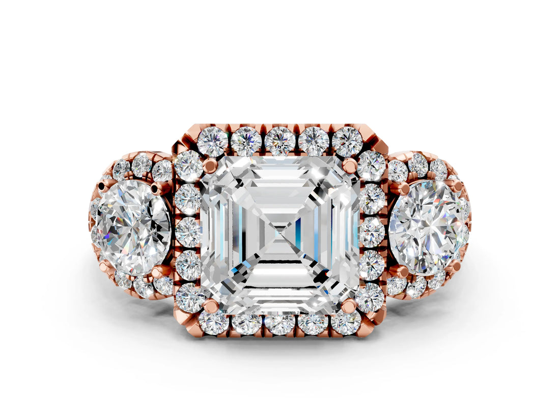 Rose gold Asscher Cut Diamond Three-Stone Halo Ring with Prong Setting and Pavé Accents_9