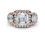 Rose gold Asscher Cut Diamond Three-Stone Halo Ring with Prong Setting and Pavé Accents_9