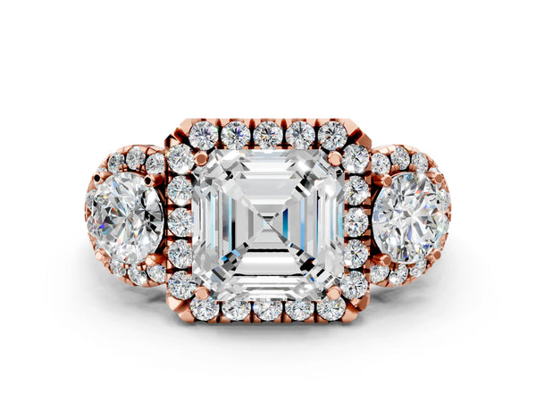 Rose Gold Asscher Cut Three Stone Halo Engagement Ring Setting