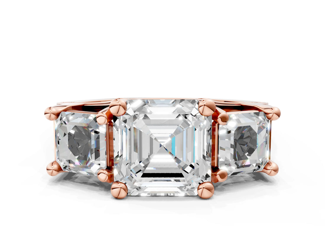 Rose gold Asscher Cut Diamond Three-Stone Ring with Channel Set Band and Four-Prong Setting_64