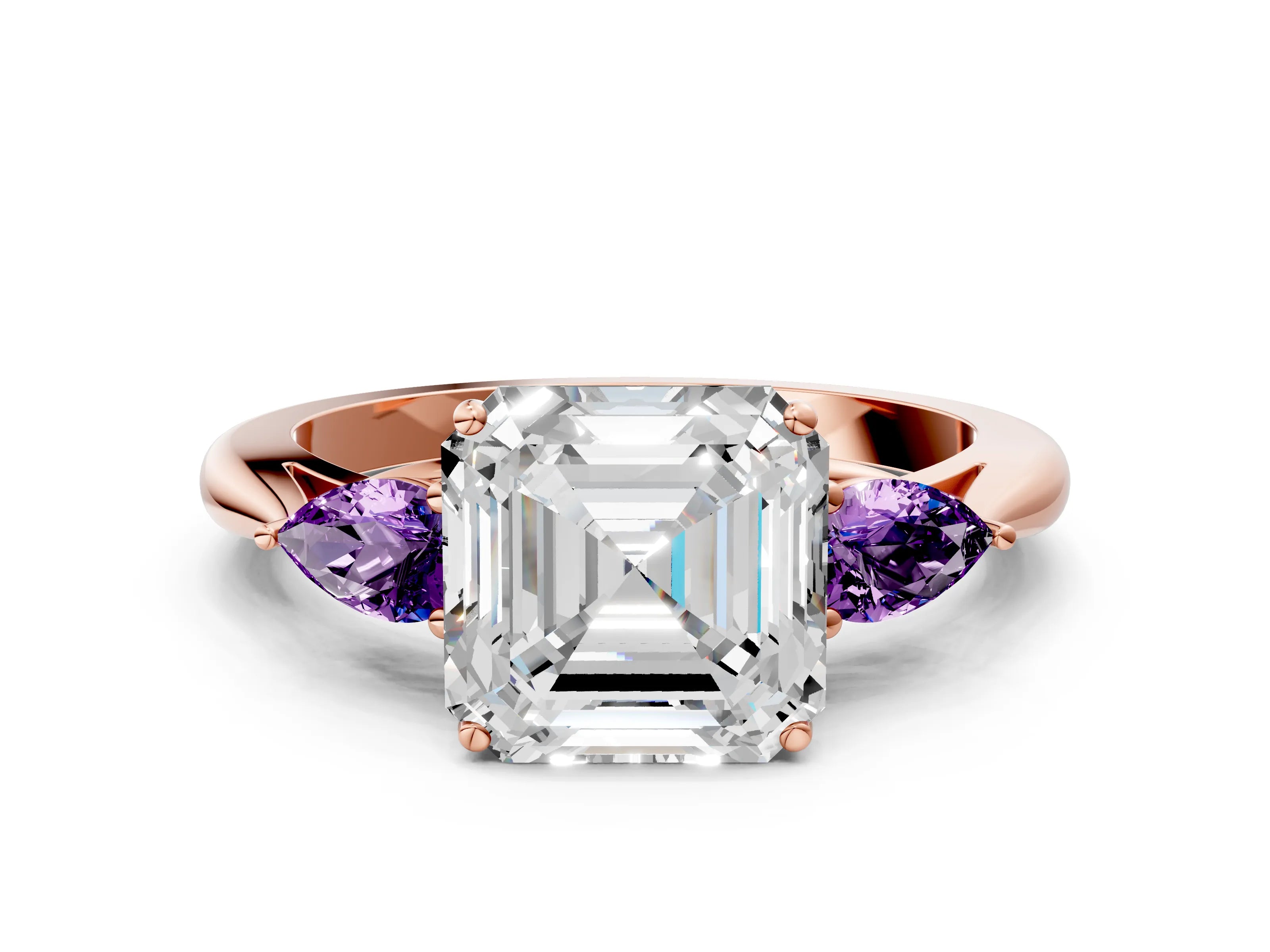 Rose gold Asscher Cut Diamond Three-Stone Ring with Pear with Amethyst side stone Side Stones and Prong Setting