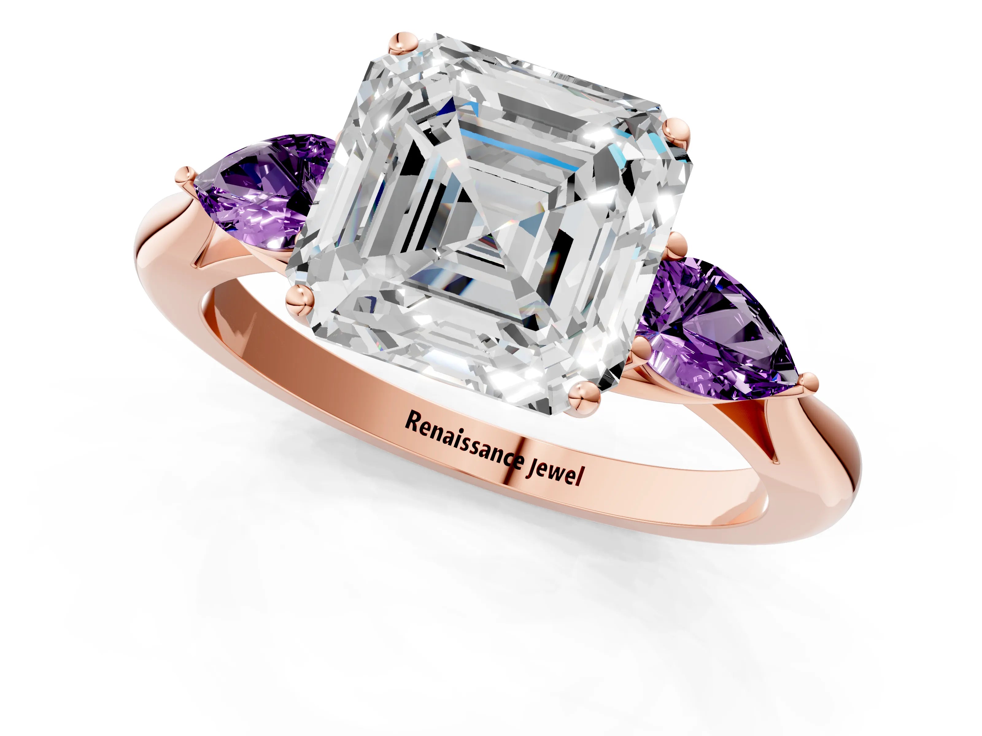 Rose gold Asscher Cut Diamond Three-Stone Ring with Pear with Amethyst side stone Side Stones and Prong Setting_1