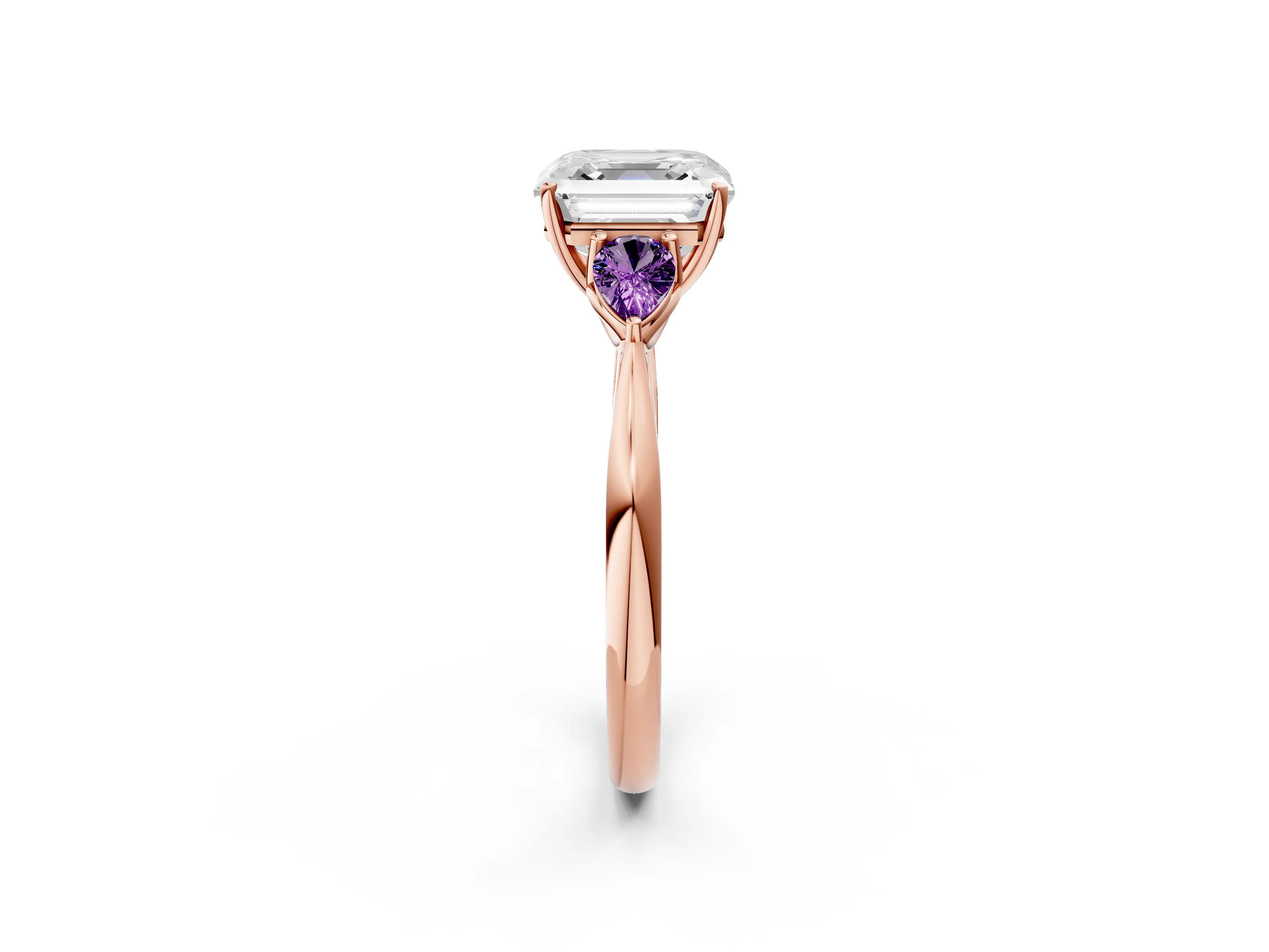 Rose gold Asscher Cut Diamond Three-Stone Ring with Pear with Amethyst side stone Side Stones and Prong Setting_2