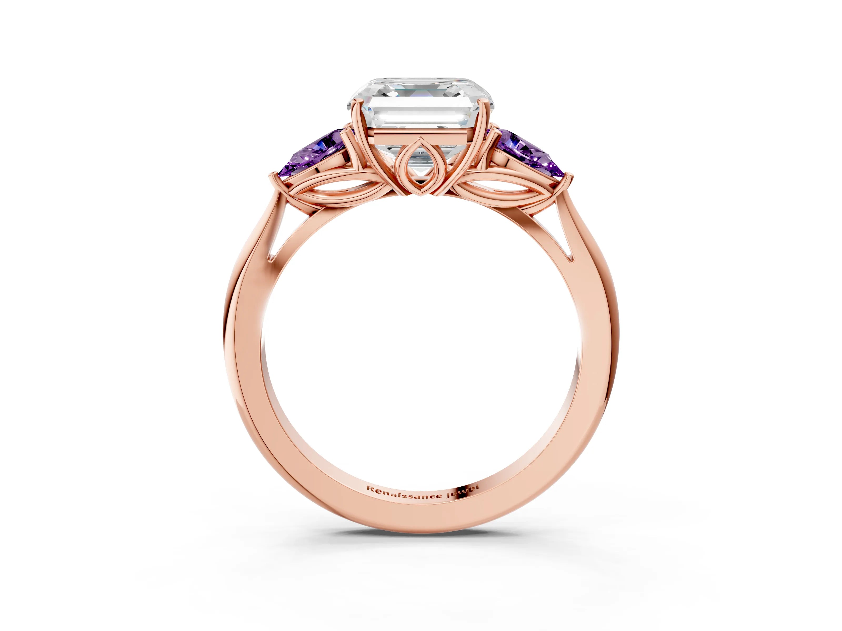 Rose gold Asscher Cut Diamond Three-Stone Ring with Pear with Amethyst side stone Side Stones and Prong Setting_3