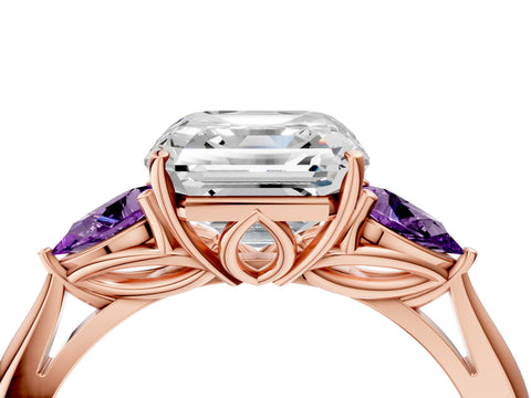 Rose gold Asscher Cut Diamond Three-Stone Ring with Pear with Amethyst side stone Side Stones and Prong Setting_4