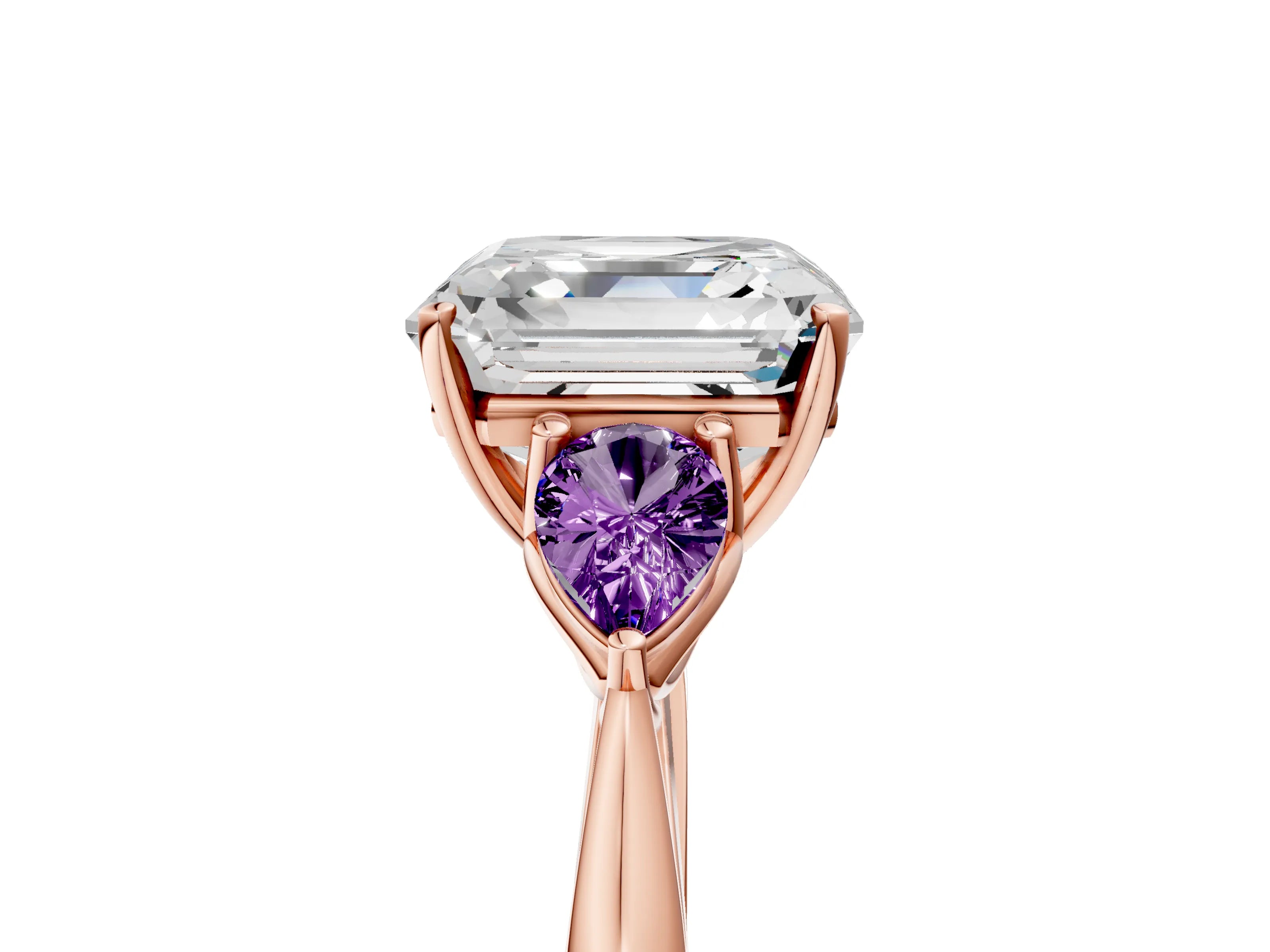 Rose gold Asscher Cut Diamond Three-Stone Ring with Pear with Amethyst side stone Side Stones and Prong Setting_5