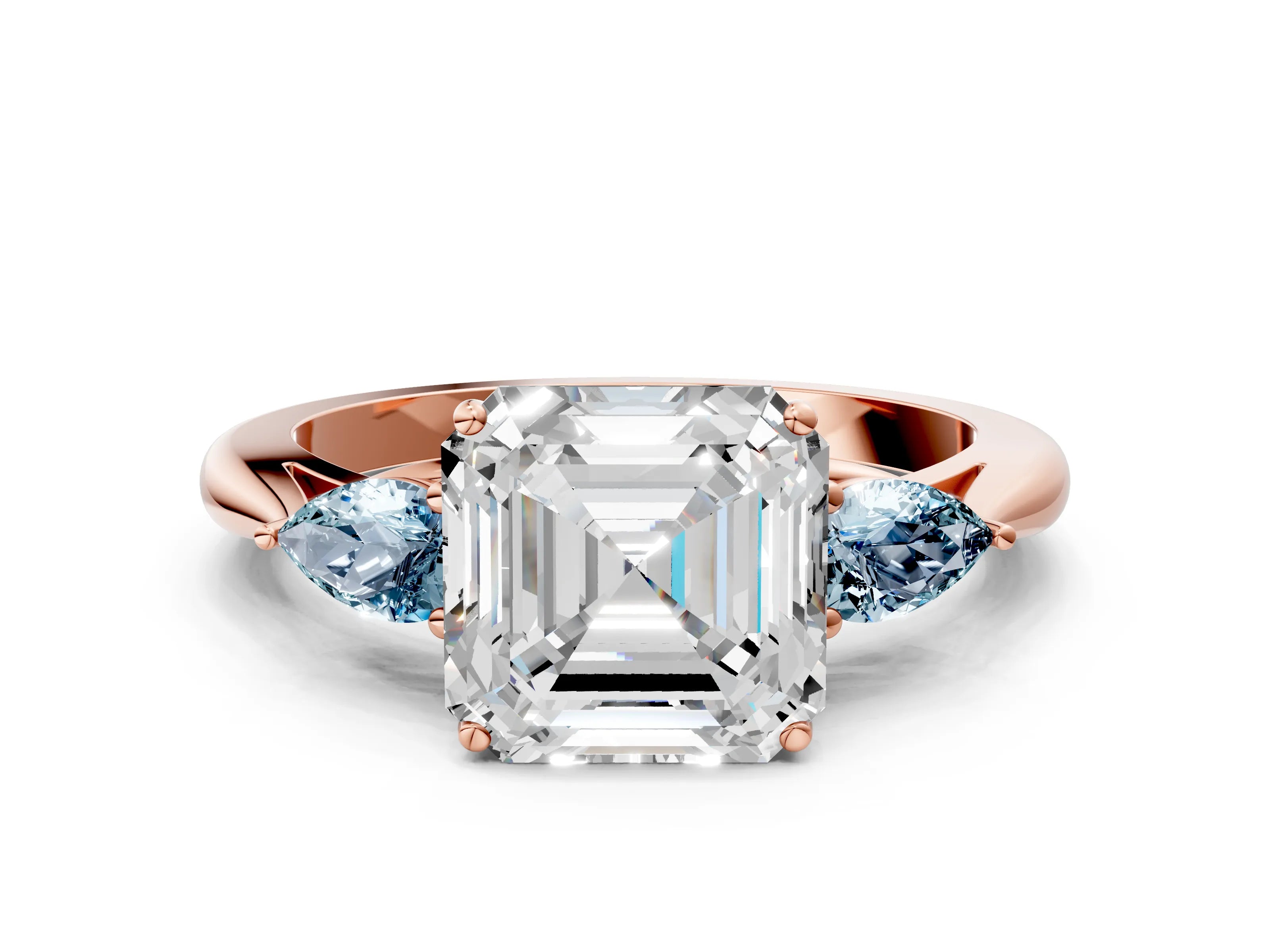 Rose gold Asscher Cut Diamond Three-Stone Ring with Pear with Aquamarine side stone Side Stones and Prong Setting