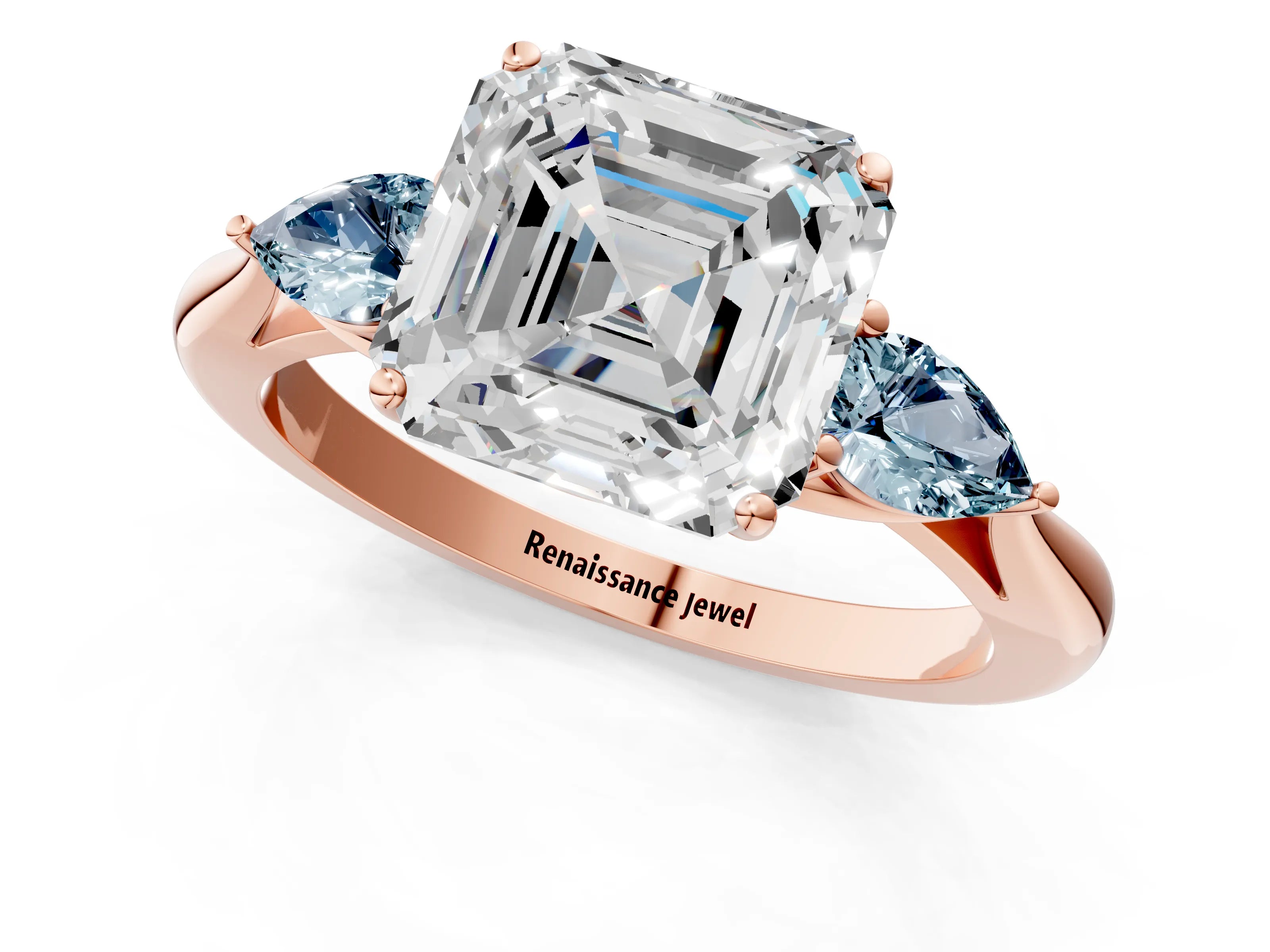 Rose gold Asscher Cut Diamond Three-Stone Ring with Pear with Aquamarine side stone Side Stones and Prong Setting_1