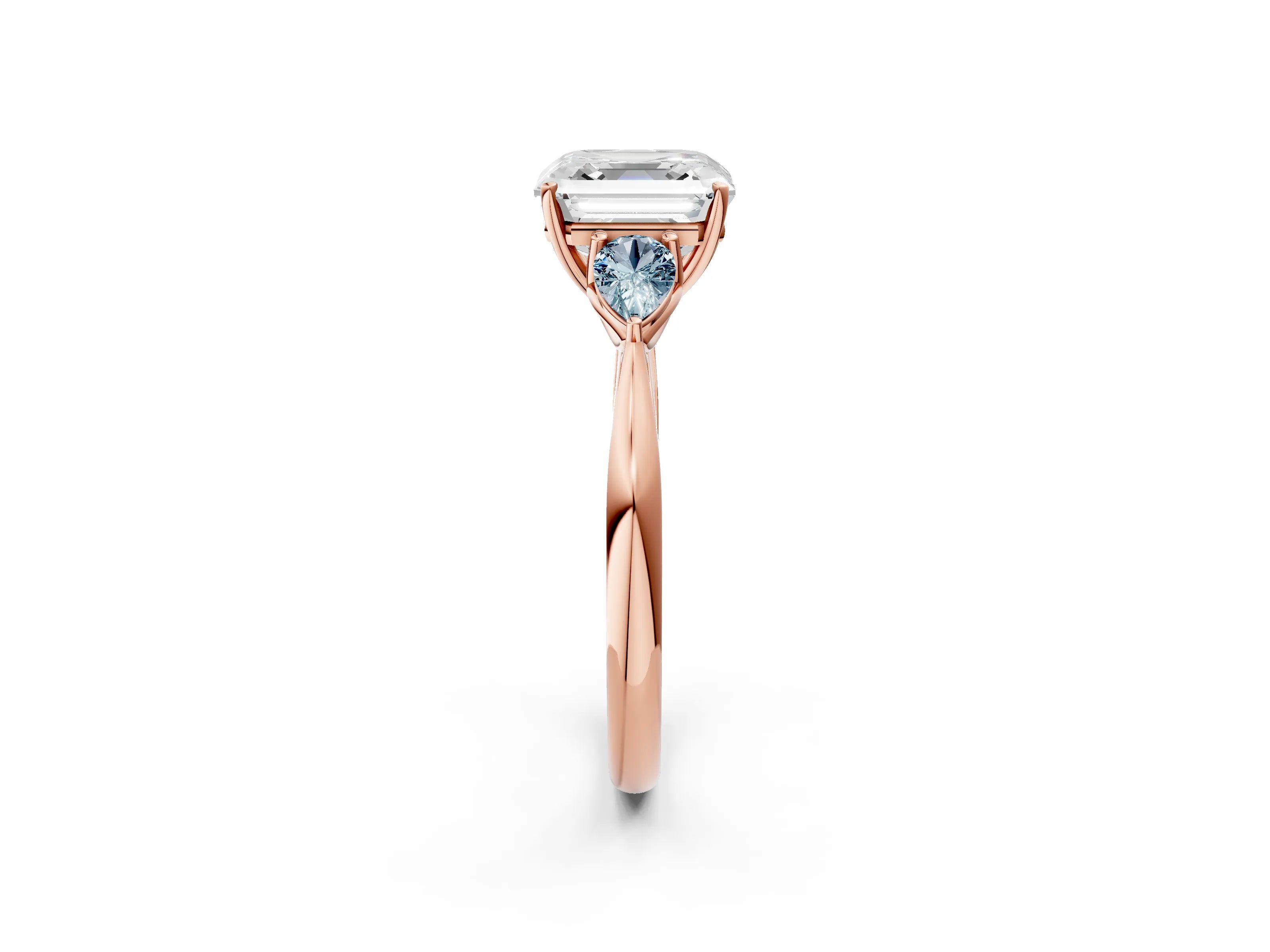 Rose gold Asscher Cut Diamond Three-Stone Ring with Pear with Aquamarine side stone Side Stones and Prong Setting_2