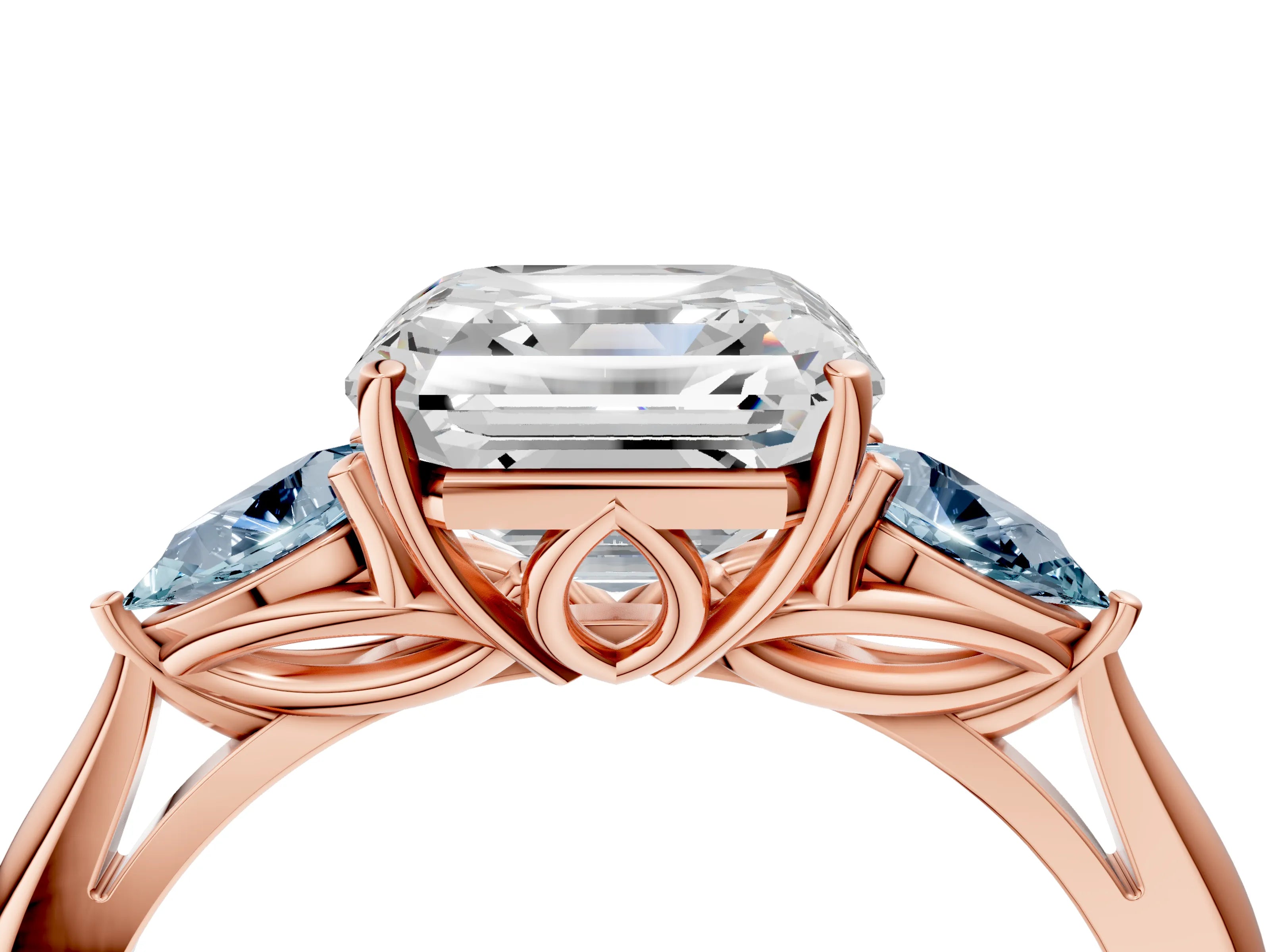 Rose gold Asscher Cut Diamond Three-Stone Ring with Pear with Aquamarine side stone Side Stones and Prong Setting_4