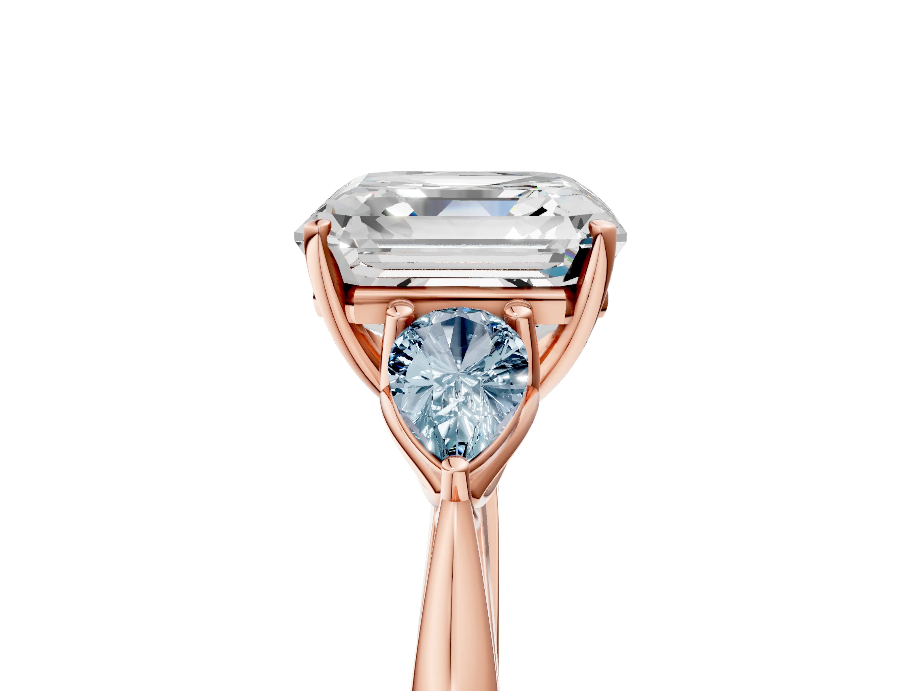 Rose gold Asscher Cut Diamond Three-Stone Ring with Pear with Aquamarine side stone Side Stones and Prong Setting_5