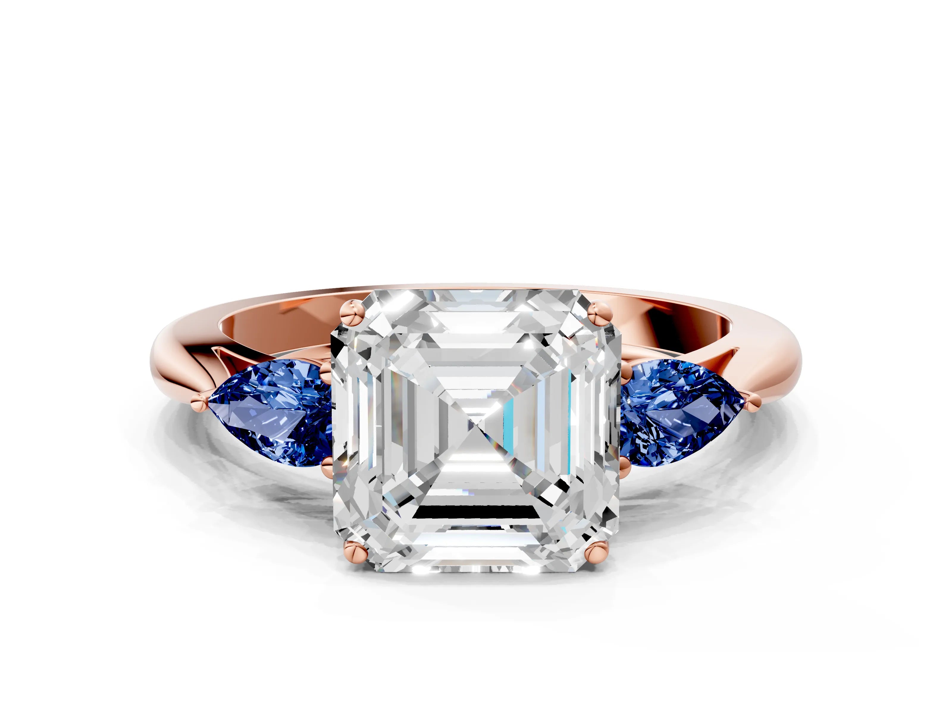 Rose gold Asscher Cut Diamond Three-Stone Ring with Pear with Blue Sapphire side stone Side Stones and Prong Setting