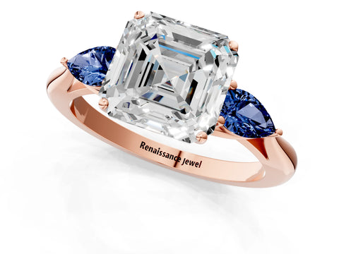 Rose gold Asscher Cut Diamond Three-Stone Ring with Pear with Blue Sapphire side stone Side Stones and Prong Setting_1