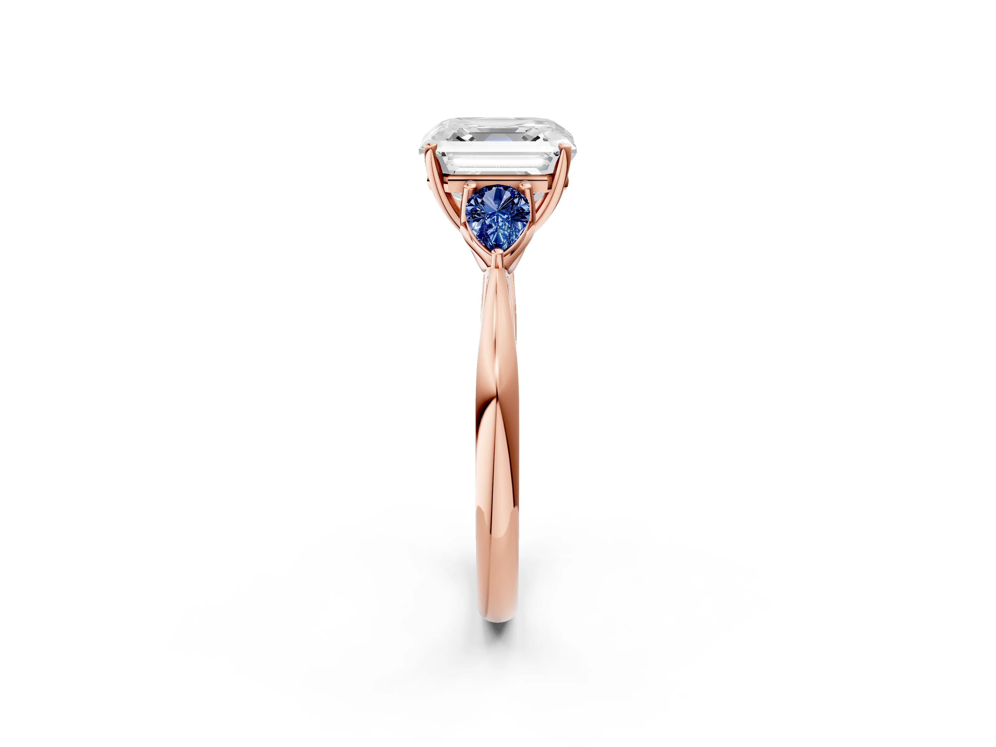 Rose gold Asscher Cut Diamond Three-Stone Ring with Pear with Blue Sapphire side stone Side Stones and Prong Setting_2