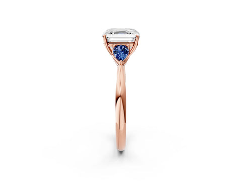 Rose gold Asscher Cut Diamond Three-Stone Ring with Pear with Blue Sapphire side stone Side Stones and Prong Setting_2
