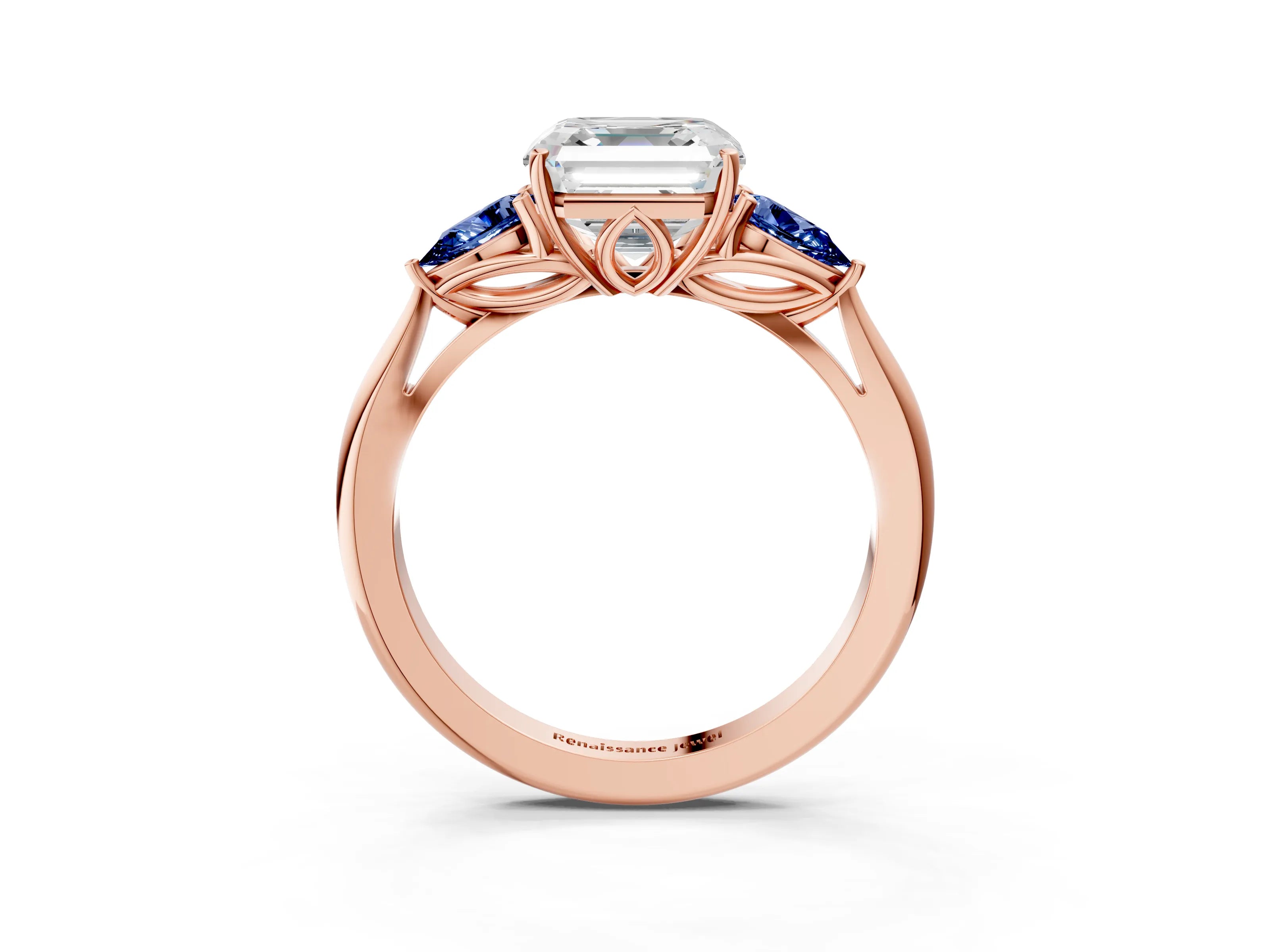 Rose gold Asscher Cut Diamond Three-Stone Ring with Pear with Blue Sapphire side stone Side Stones and Prong Setting_3