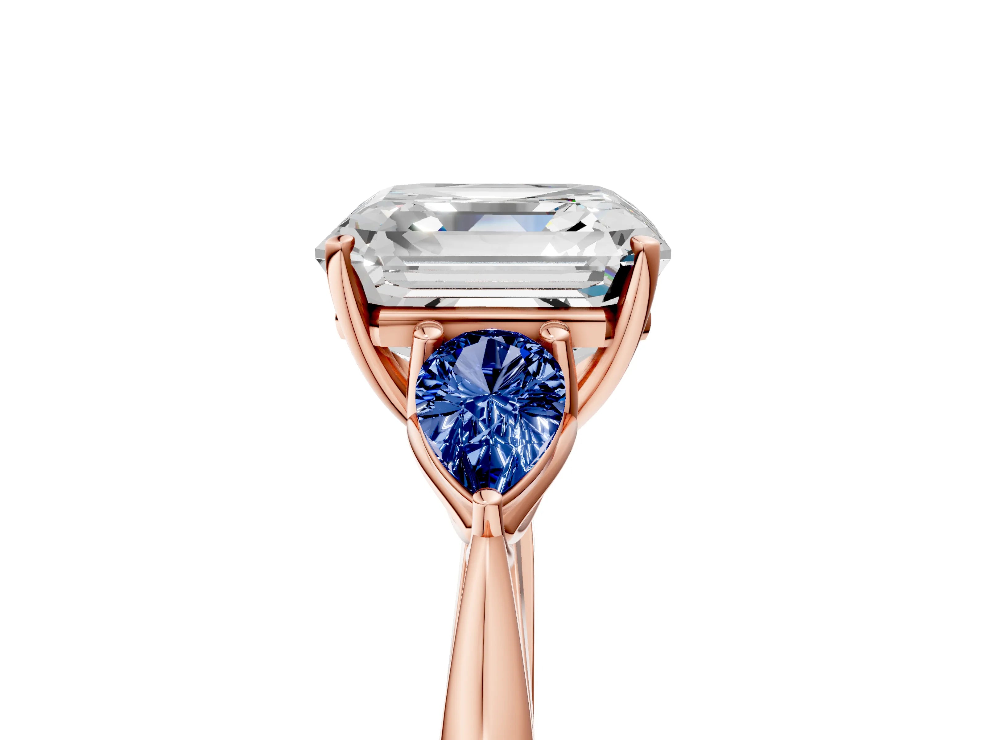 Rose gold Asscher Cut Diamond Three-Stone Ring with Pear with Blue Sapphire side stone Side Stones and Prong Setting_5