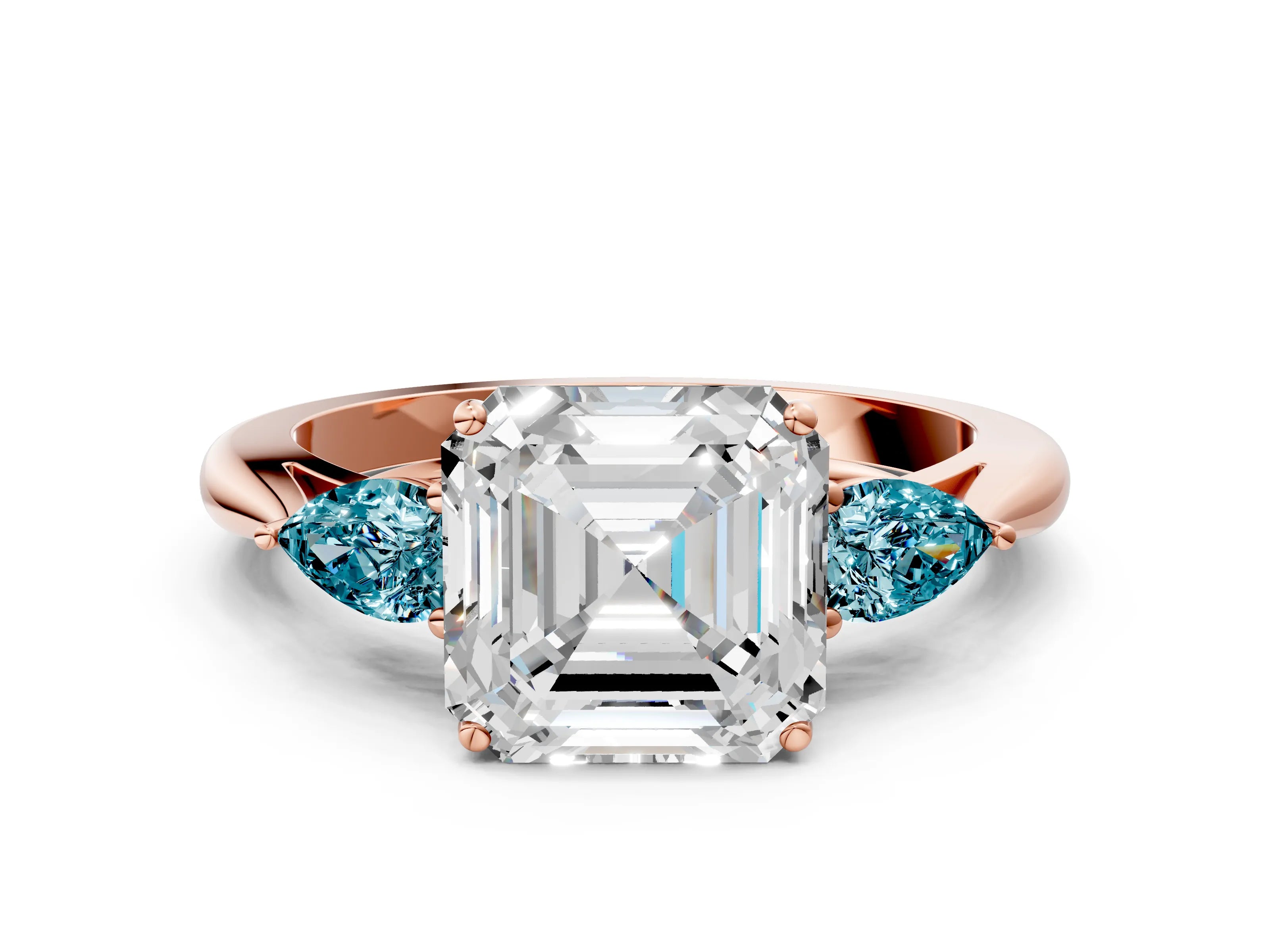Rose gold Asscher Cut Diamond Three-Stone Ring with Pear with Blue Topaz side stone Side Stones and Prong Setting