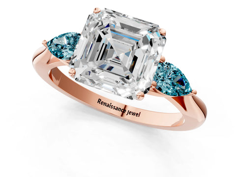 Rose gold Asscher Cut Diamond Three-Stone Ring with Pear with Blue Topaz side stone Side Stones and Prong Setting_1