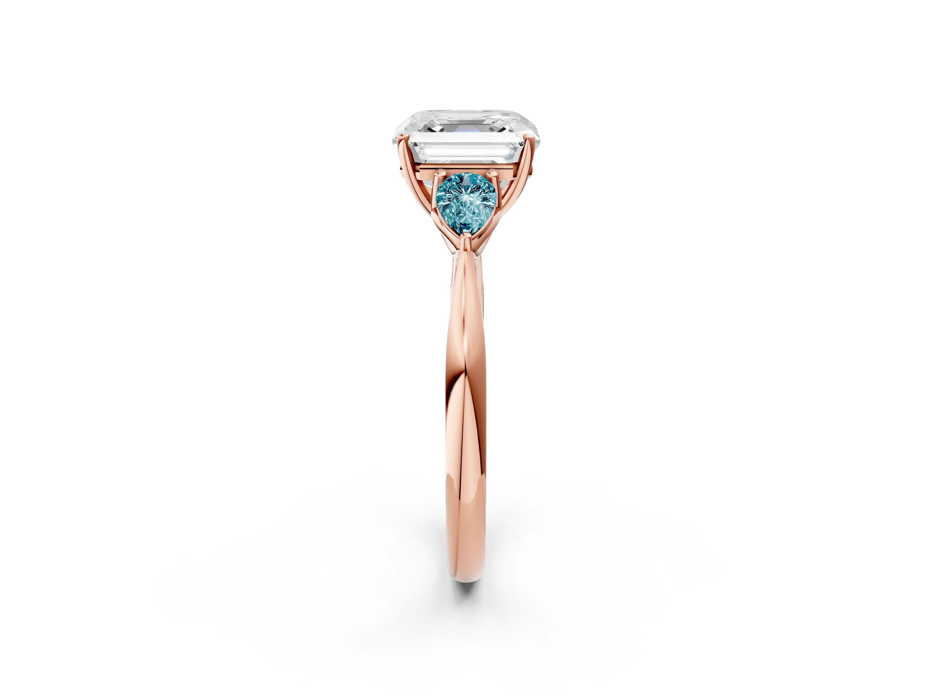 Rose gold Asscher Cut Diamond Three-Stone Ring with Pear with Blue Topaz side stone Side Stones and Prong Setting_2