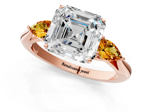 Rose gold Asscher Cut Diamond Three-Stone Ring with Pear with Citrine side stone Side Stones and Prong Setting_1