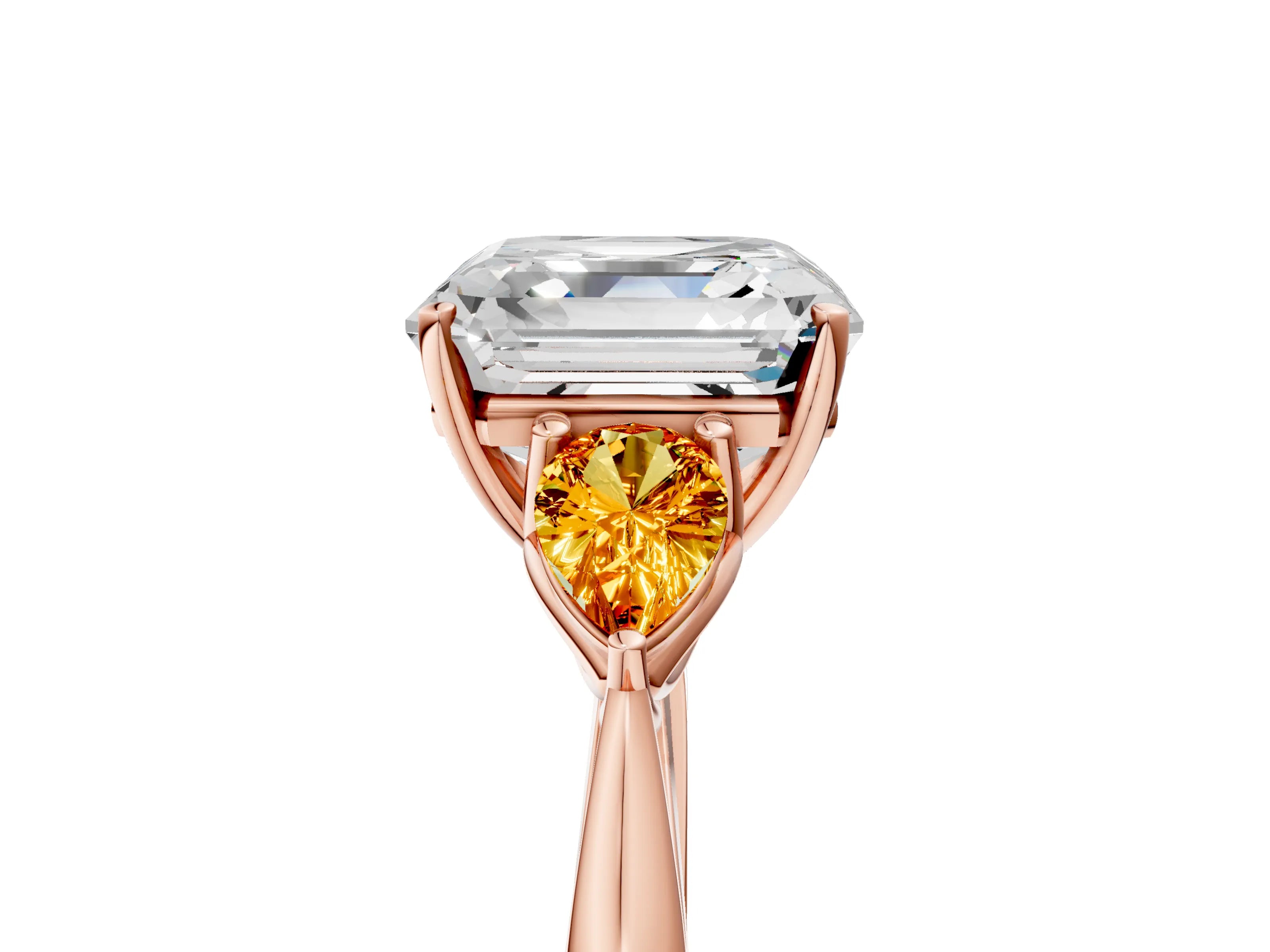 Rose gold Asscher Cut Diamond Three-Stone Ring with Pear with Citrine side stone Side Stones and Prong Setting_5