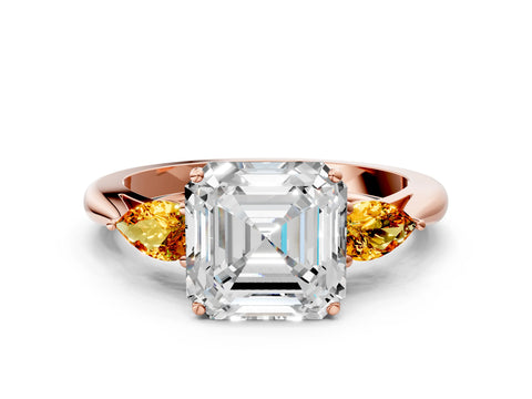 Rose gold Asscher Cut Diamond Three-Stone Ring with Pear with Citrine side stone Side Stones and Prong Setting