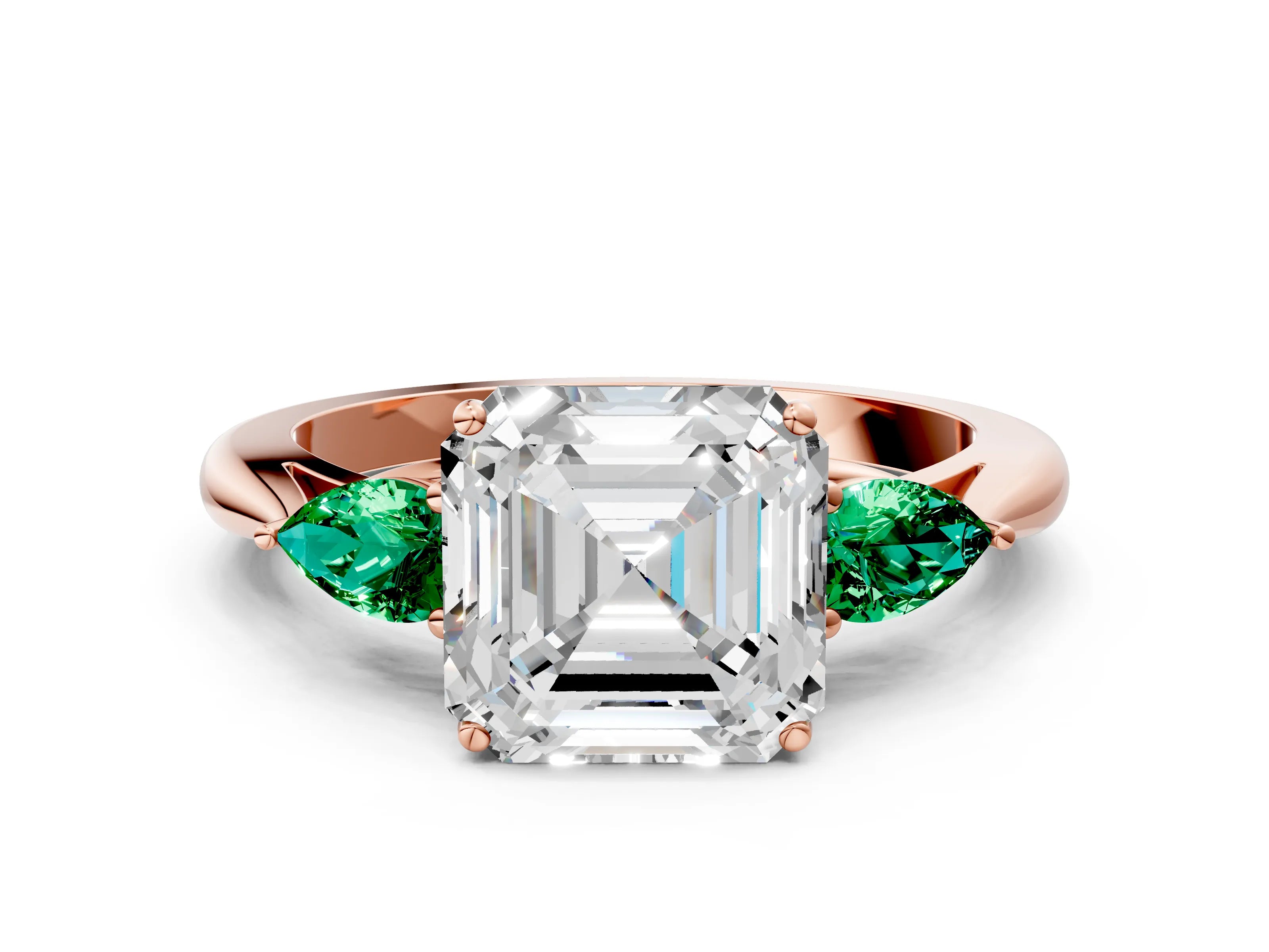 Rose gold Asscher Cut Diamond Three-Stone Ring with Pear with Emerald side stone Side Stones and Prong Setting