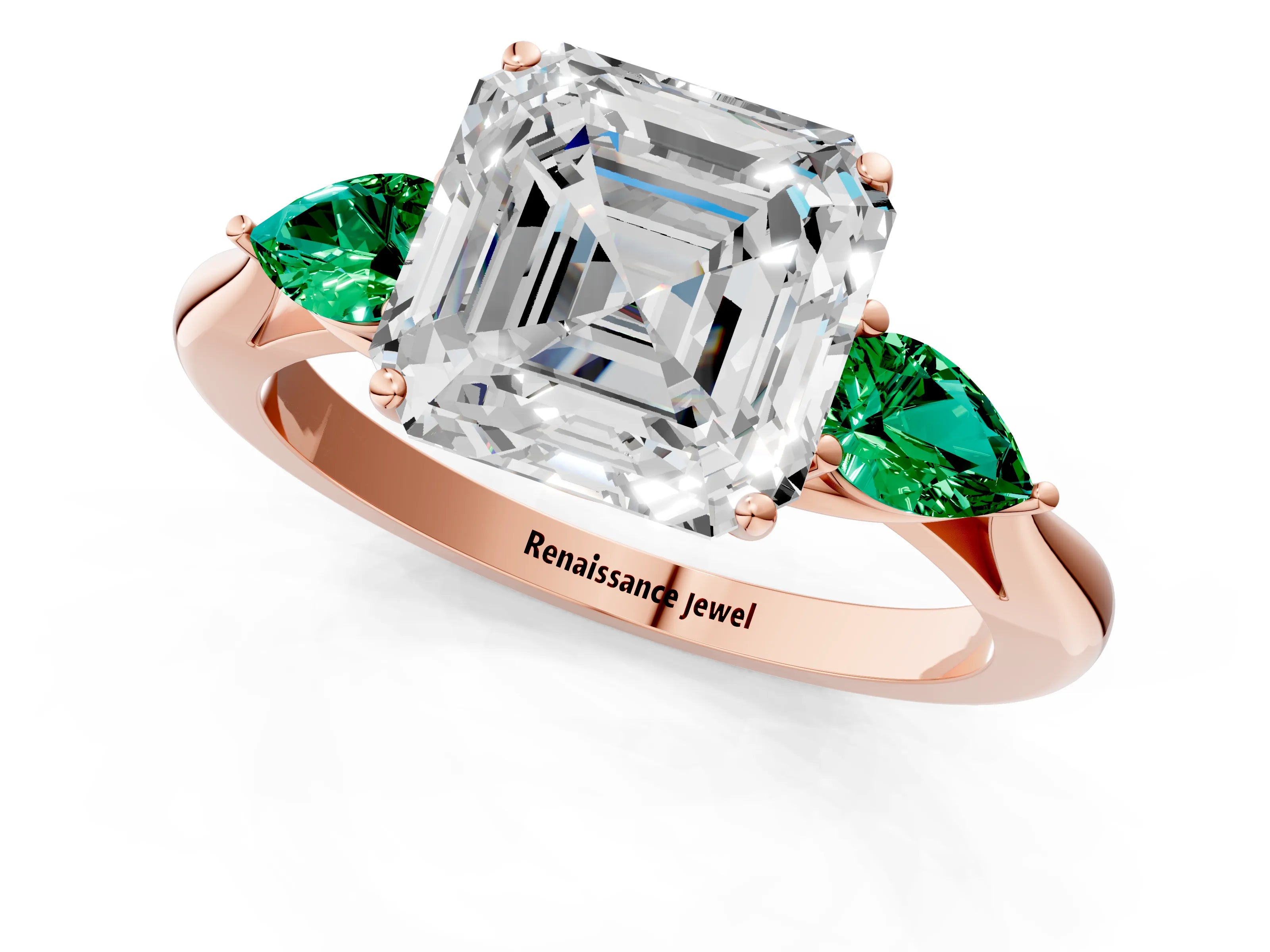 Rose gold Asscher Cut Diamond Three-Stone Ring with Pear with Emerald side stone Side Stones and Prong Setting_1