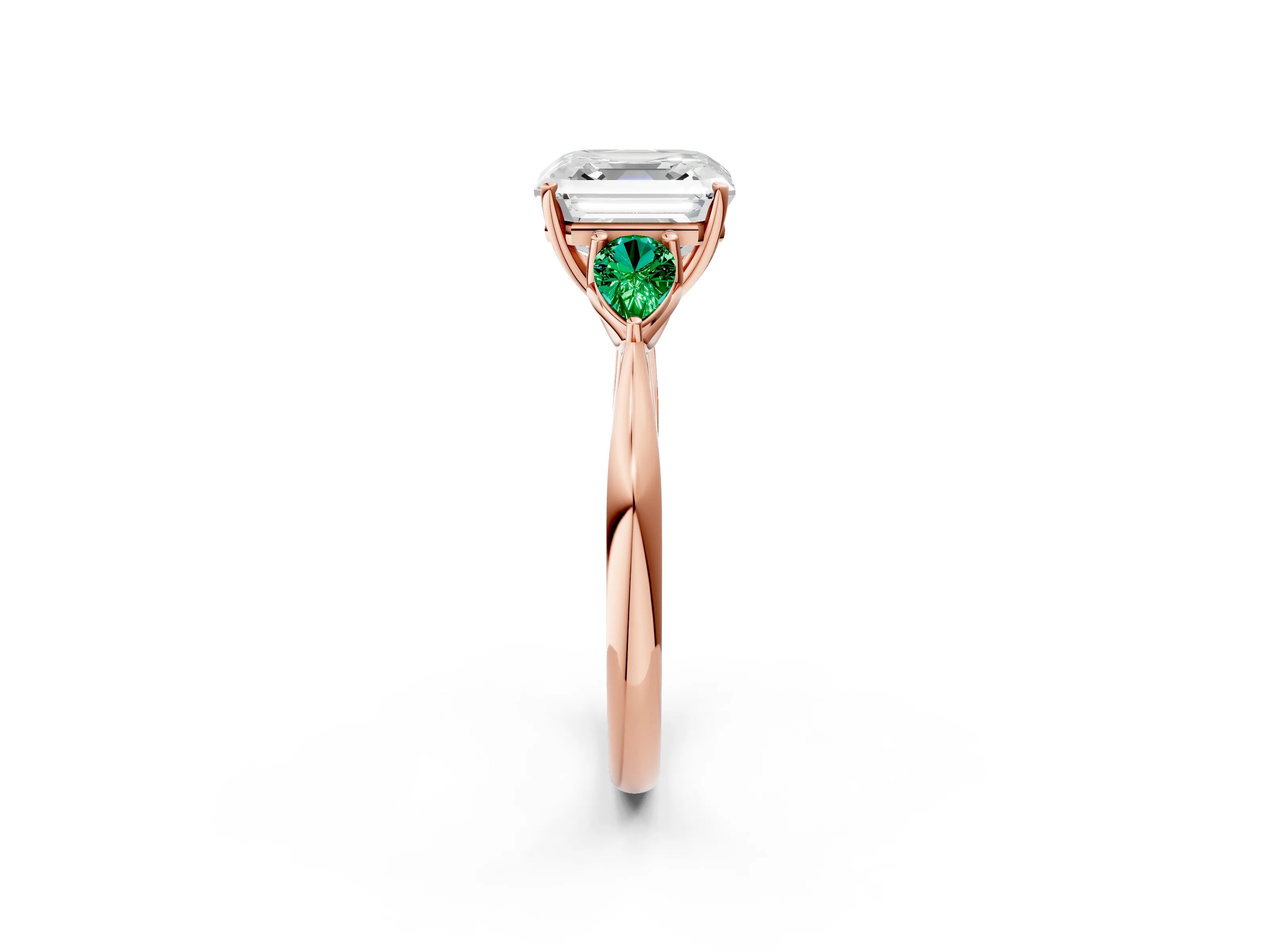 Rose gold Asscher Cut Diamond Three-Stone Ring with Pear with Emerald side stone Side Stones and Prong Setting_2