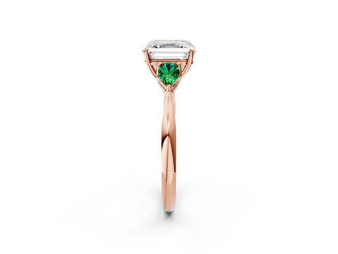 Rose gold Asscher Cut Diamond Three-Stone Ring with Pear with Emerald side stone Side Stones and Prong Setting_2