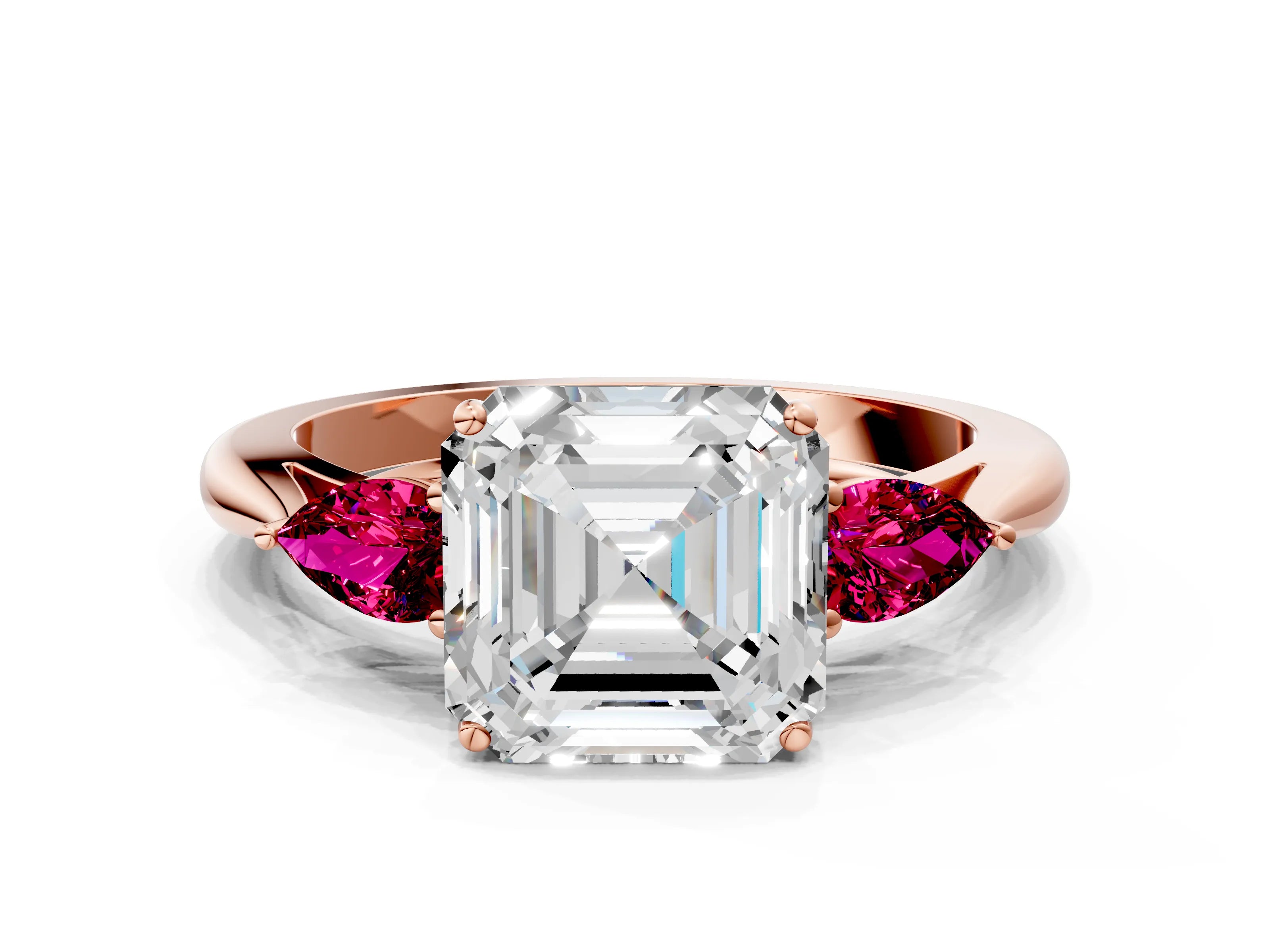 Rose gold Asscher Cut Diamond Three-Stone Ring with Pear with Garnet side stone Side Stones and Prong Setting