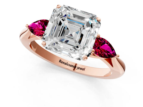 Rose gold Asscher Cut Diamond Three-Stone Ring with Pear with Garnet side stone Side Stones and Prong Setting_1