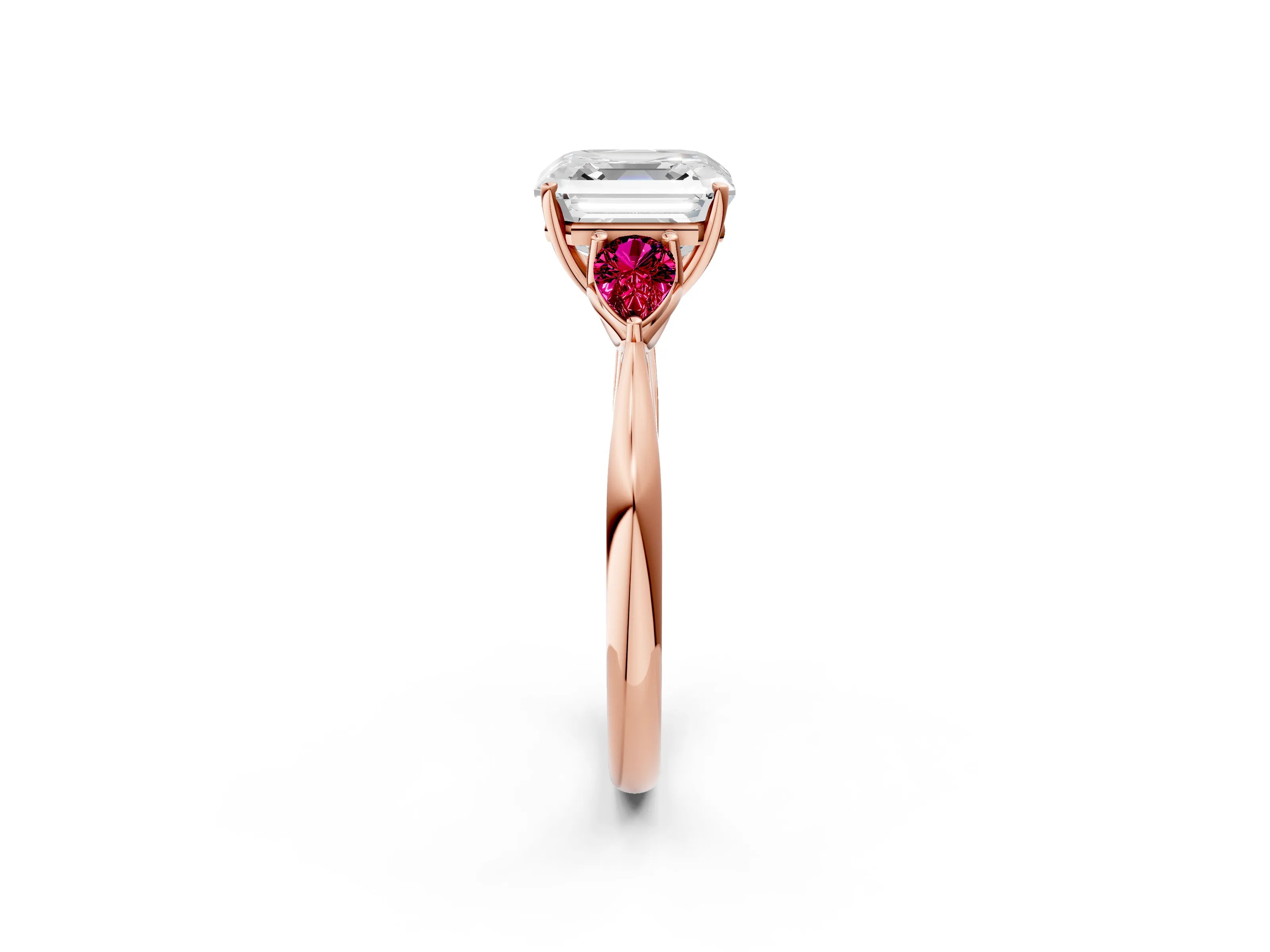 Rose gold Asscher Cut Diamond Three-Stone Ring with Pear with Garnet side stone Side Stones and Prong Setting_2