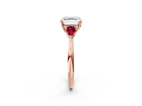Rose gold Asscher Cut Diamond Three-Stone Ring with Pear with Garnet side stone Side Stones and Prong Setting_2