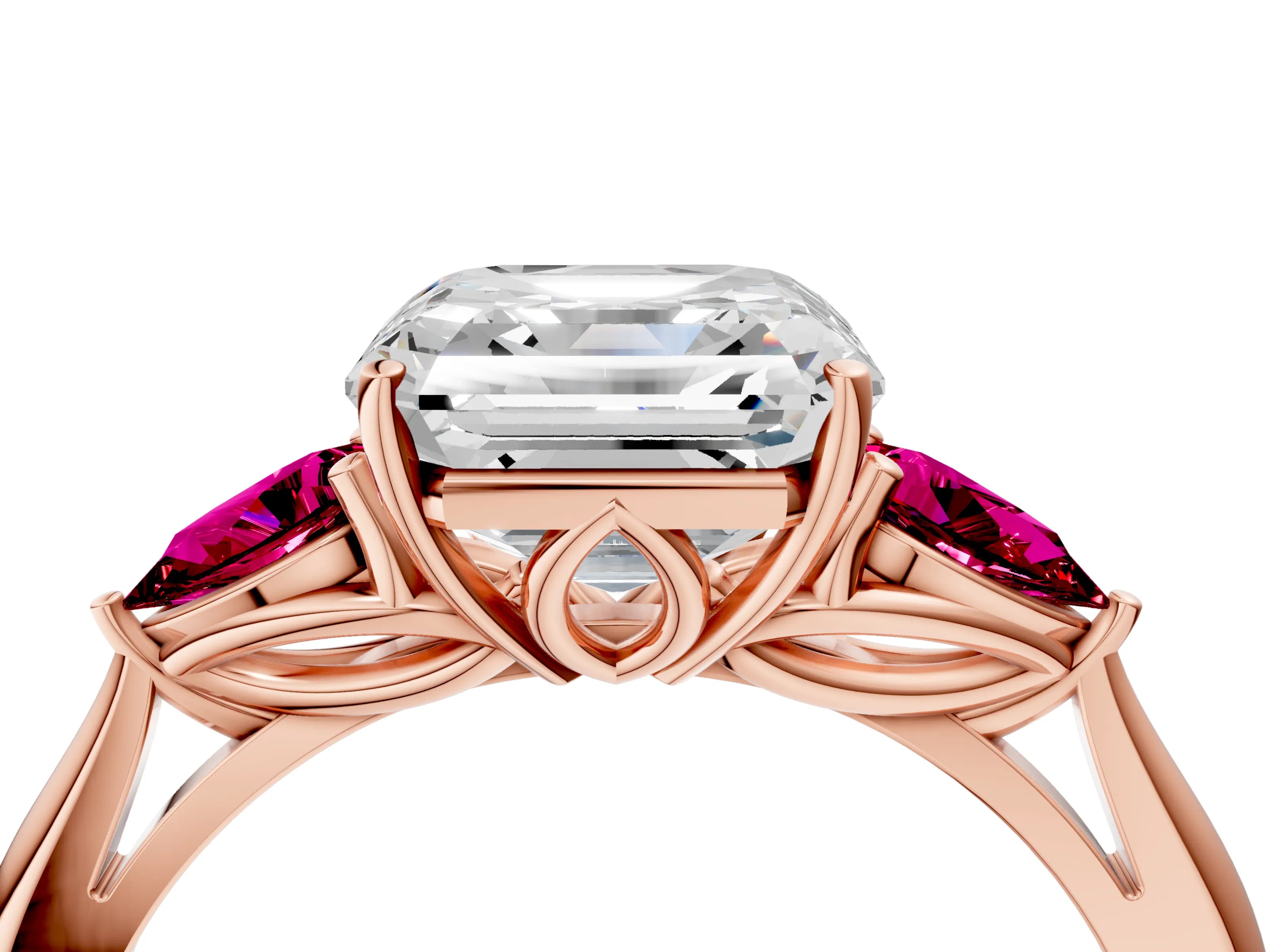 Rose gold Asscher Cut Diamond Three-Stone Ring with Pear with Garnet side stone Side Stones and Prong Setting_4