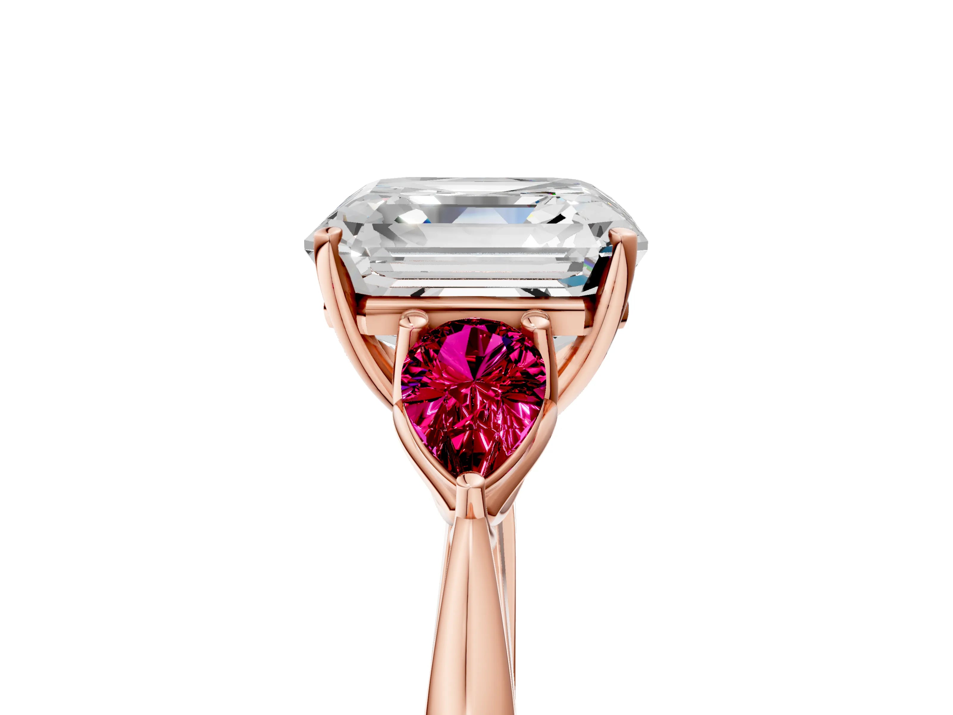 Rose gold Asscher Cut Diamond Three-Stone Ring with Pear with Garnet side stone Side Stones and Prong Setting_5