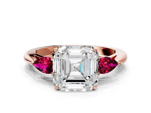 Rose gold Asscher Cut Diamond Three-Stone Ring with Pear with Garnet side stone Side Stones and Prong Setting