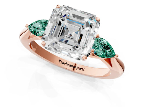 Rose gold Asscher Cut Diamond Three-Stone Ring with Pear with Green Sapphire side stone Side Stones and Prong Setting_1