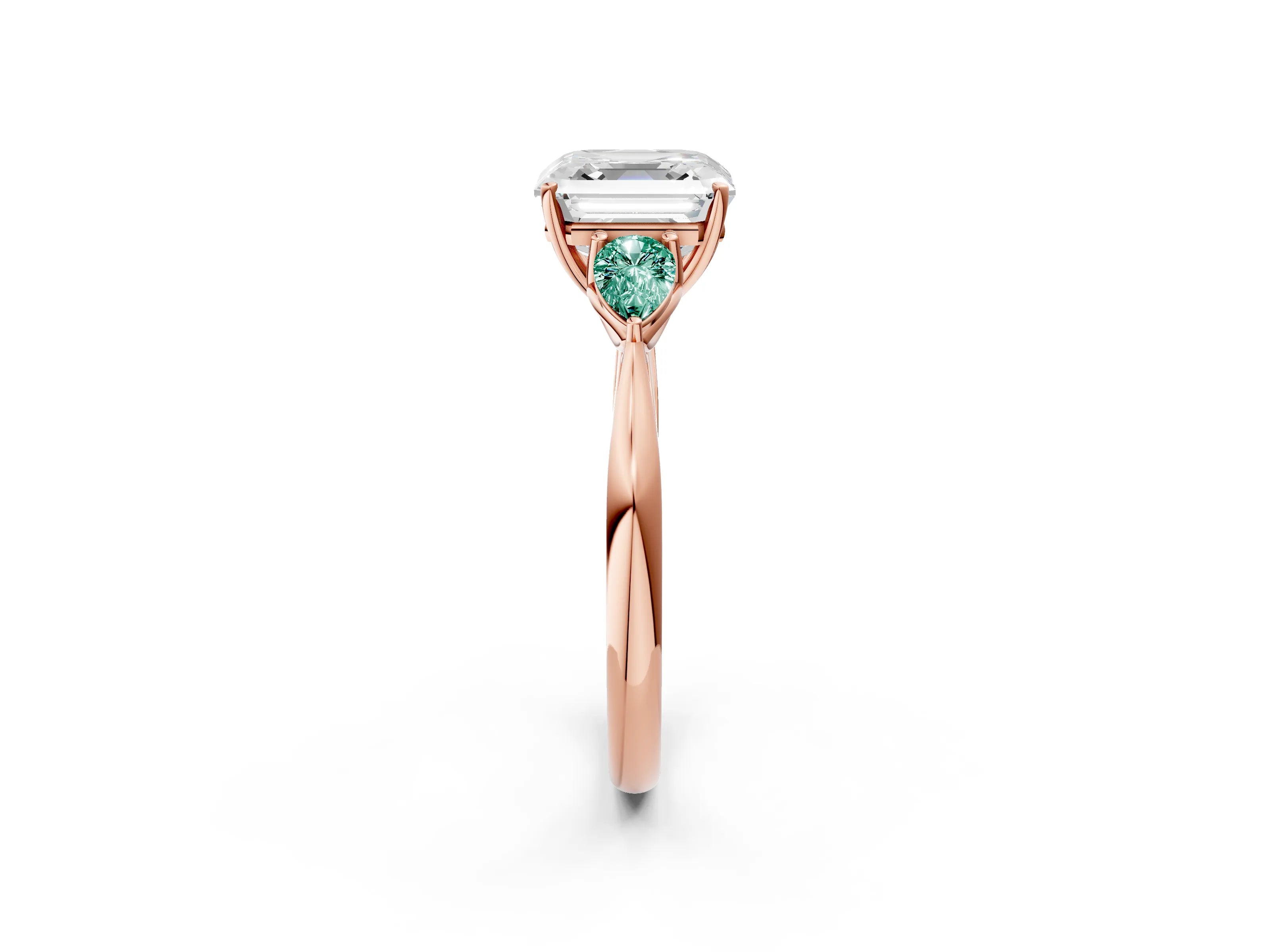 Rose gold Asscher Cut Diamond Three-Stone Ring with Pear with Green Sapphire side stone Side Stones and Prong Setting_2