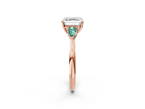 Rose gold Asscher Cut Diamond Three-Stone Ring with Pear with Green Sapphire side stone Side Stones and Prong Setting_2