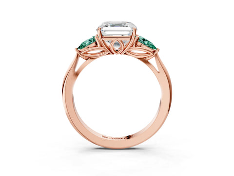 Rose gold Asscher Cut Diamond Three-Stone Ring with Pear with Green Sapphire side stone Side Stones and Prong Setting_3