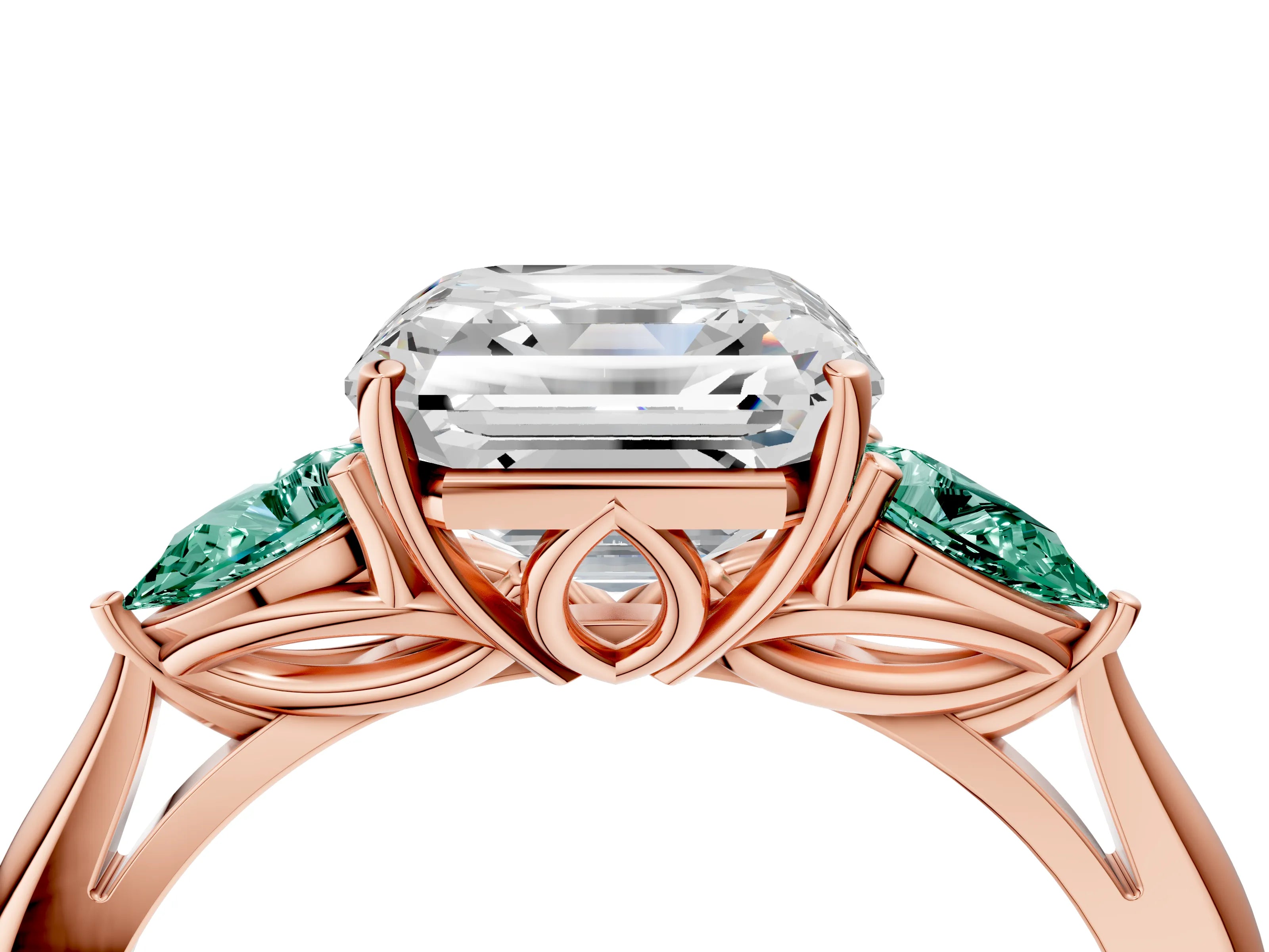 Rose gold Asscher Cut Diamond Three-Stone Ring with Pear with Green Sapphire side stone Side Stones and Prong Setting_4