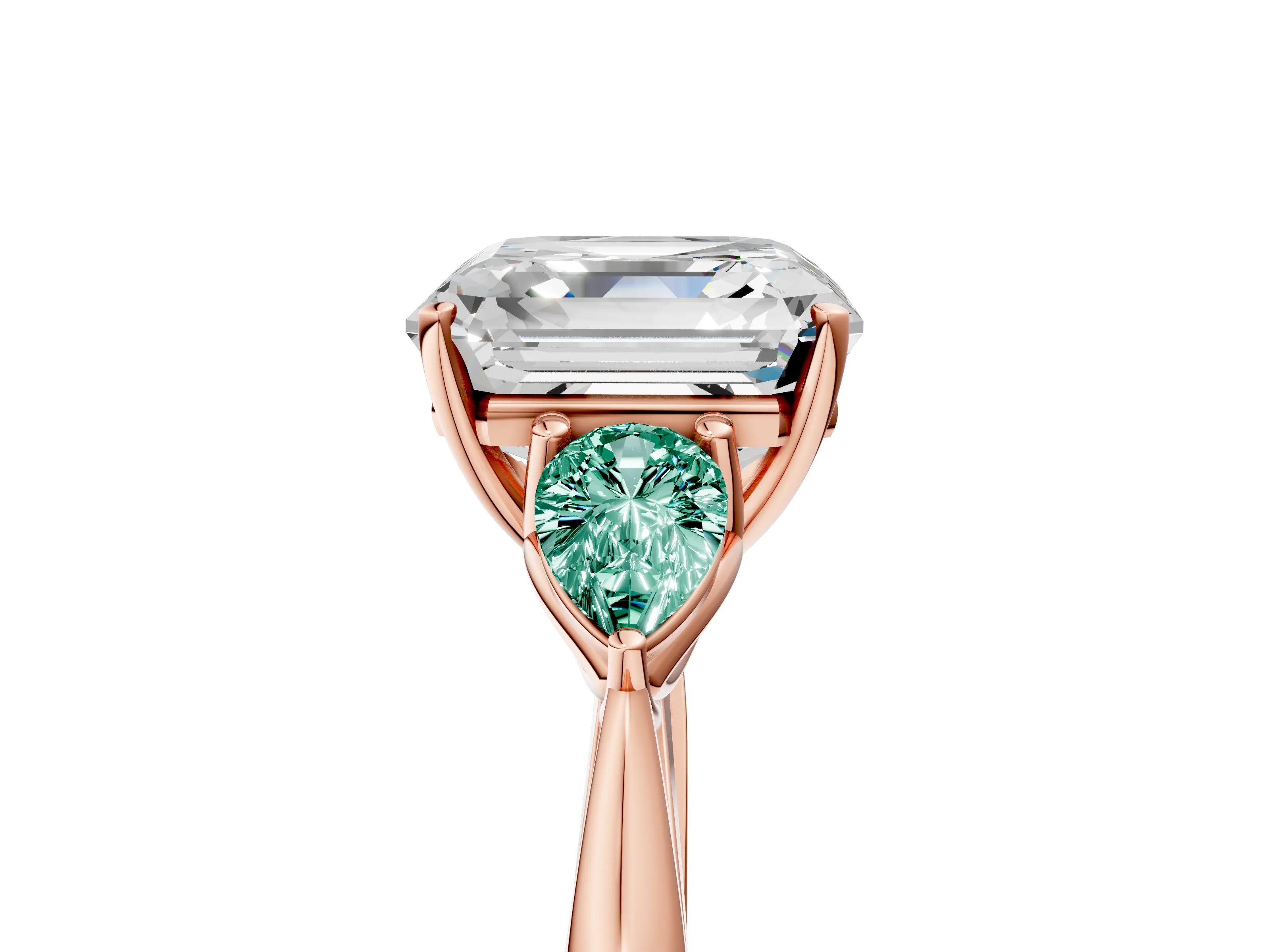 Rose gold Asscher Cut Diamond Three-Stone Ring with Pear with Green Sapphire side stone Side Stones and Prong Setting_5