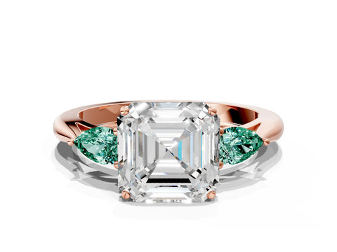 Rose gold Asscher Cut Diamond Three-Stone Ring with Pear with Green Sapphire side stone Side Stones and Prong Setting