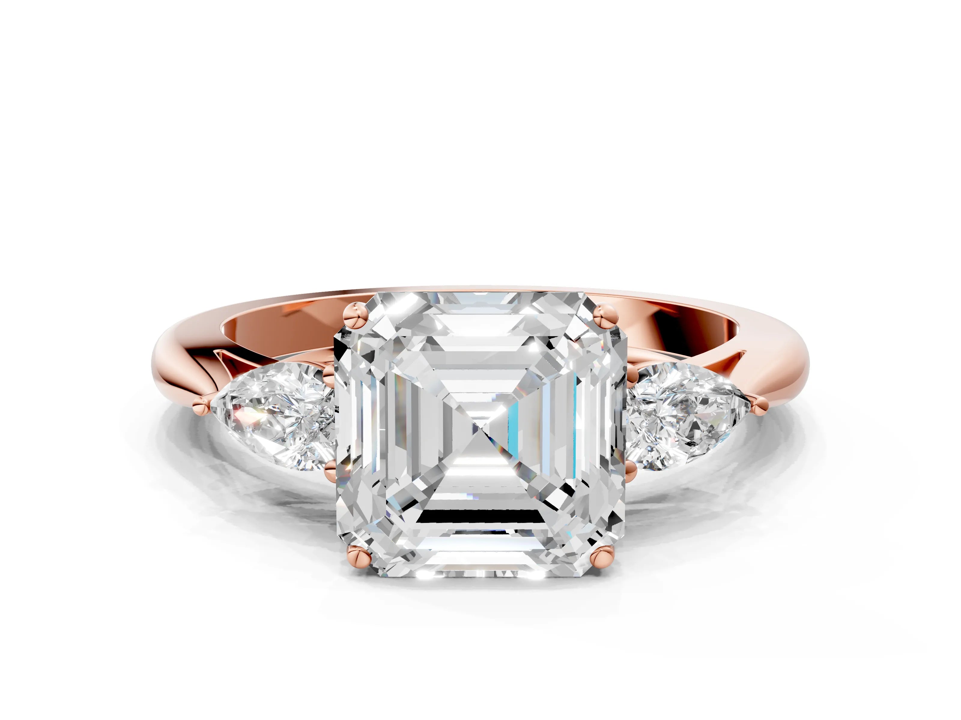 Rose gold Asscher Cut Diamond Three-Stone Ring with Pear with Moissanite side stone Side Stones and Prong Setting