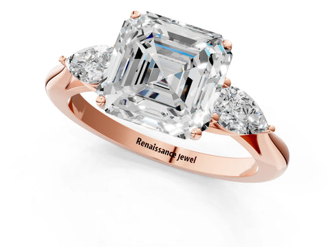 Rose gold Asscher Cut Diamond Three-Stone Ring with Pear with Moissanite side stone Side Stones and Prong Setting_1